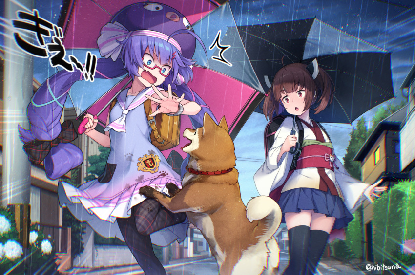 2girls ^^^ backpack bag black_pantyhose blue_eyes blue_skirt bow bracelet brown_hair collared_dress commentary dirty dirty_clothes dog dress eel_hat fang hair_bow headgear hibi_tsuna holding holding_umbrella japanese_clothes jewelry kimono leg_up long_hair low_twintails miniskirt multiple_girls obi open_mouth otomachi_una outdoors pantyhose paw_print plaid plaid_legwear pleated_skirt purple_dress purple_hair purple_headwear rain red-framed_eyewear road sailor_collar sash semi-rimless_eyewear shiba_inu short_hair short_twintails skin_fang skirt standing standing_on_one_leg street surprised talkex thigh-highs touhoku_kiritan transparent transparent_umbrella twintails twitter_username umbrella urban very_long_hair vocaloid voiceroid white_kimono white_sailor_collar wide-eyed