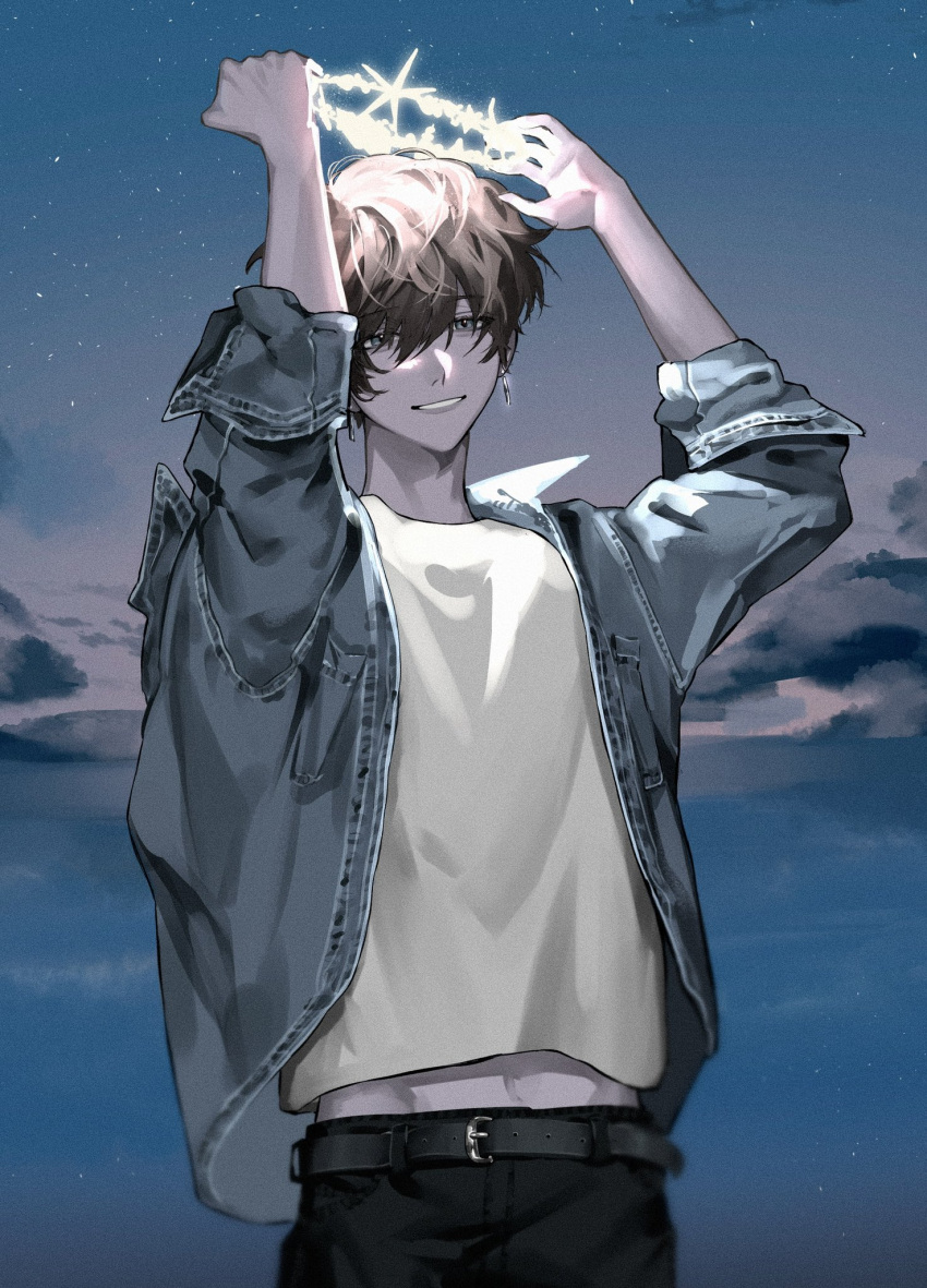 1boy belt blue_eyes blue_jacket blue_sky clouds cloudy_sky cropped denim denim_jacket earrings eyes_visible_through_hair film_grain glowing hair_between_eyes halo highres holding_halo jacket jewelry light_particles looking_at_viewer male_focus midriff_peek navel night night_sky ocean open_clothes open_jacket original parted_lips reflection sky sleeves_rolled_up smile solo sriokorr star_(sky) starry_sky water