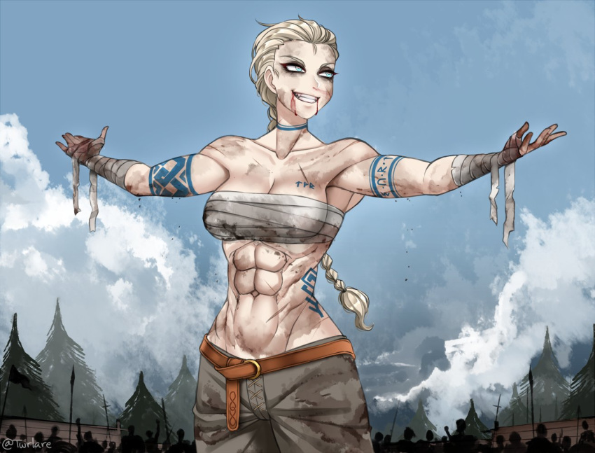 1girl abs arm_wrap belt blonde_hair blood blood_on_face blue_eyes bodypaint braid breast_band camp clouds cloudy_sky crowd fangs makeup muscular muscular_female navel original outstretched_arms sky smirk tattoo tree twrlare