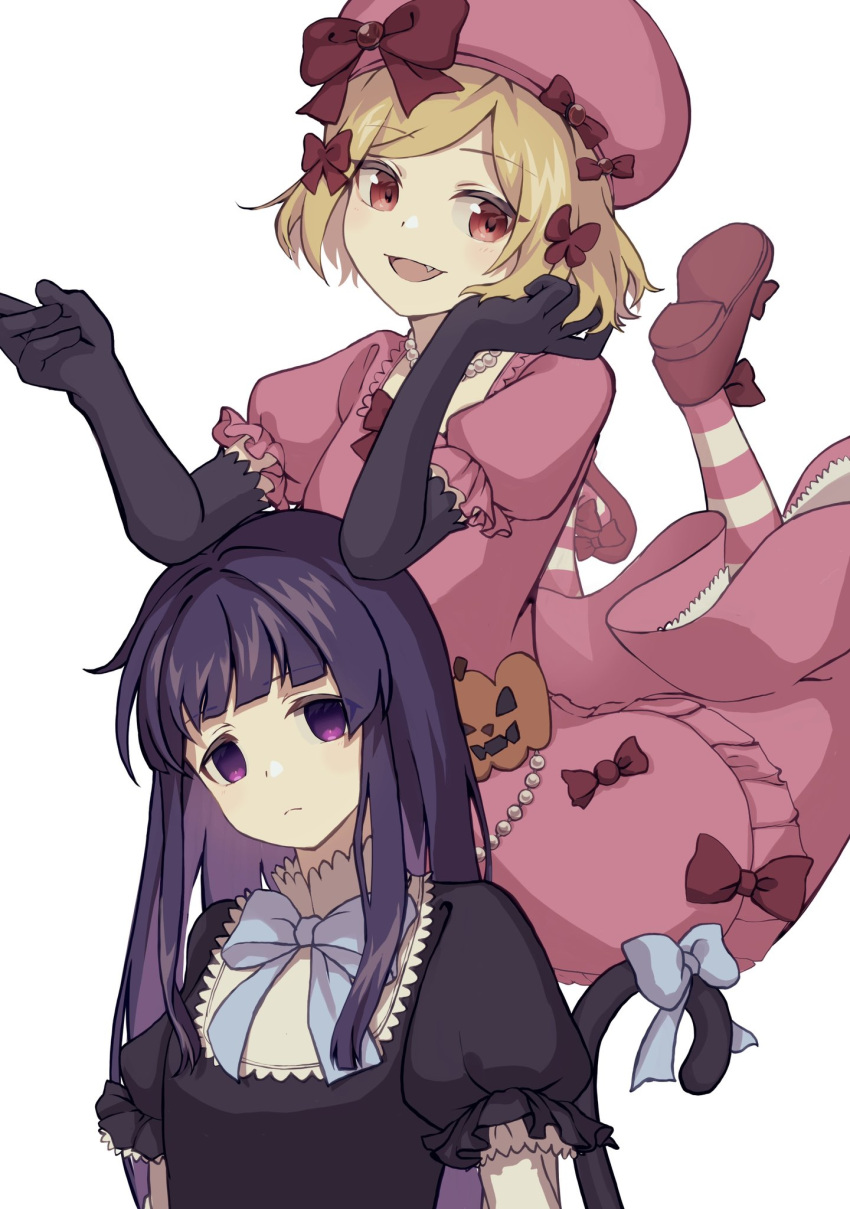 2girls :d black_dress black_gloves blonde_hair blue_bow blue_hair bow bowtie cat_tail commentary_request dress dress_bow elbow_gloves fang footwear_bow frederica_bernkastel frown gloves hair_bow hat hat_bow highres jewelry lambdadelta long_hair mkr_(wepn3428) multiple_girls necklace pearl_necklace pink_dress pink_headwear puffy_short_sleeves puffy_sleeves red_bow red_eyes short_hair short_sleeves smile socks striped striped_socks tail tail_bow tail_ornament umineko_no_naku_koro_ni violet_eyes