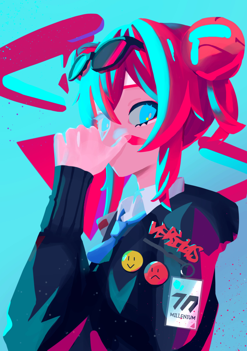 1girl absurdres ahoge badge blue_archive blue_eyes blue_light blue_necktie button_badge contrast double_bun eyewear_on_head hair_bun highres id_card light_blue_background limited_palette looking_at_viewer maki_(blue_archive) necktie no_lineart no_mouth paint_splatter paint_splatter_on_face redhead short_hair smiley_face solo sunglasses yidu_unom