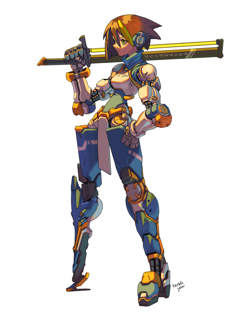 1girl absurdres asymmetrical_limbs brown_hair cyberpunk cyborg full_body green_hair hand_on_hip highres holding holding_sword holding_weapon joints koutetu_yarou original over_shoulder pelvic_curtain robot_joints short_hair signature solo standing sword weapon weapon_over_shoulder white_background