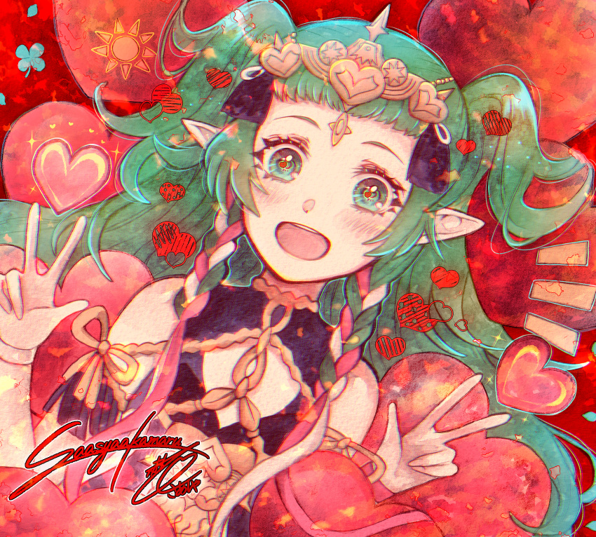 1girl :d akamaru_saasha blush diadem double_w fire_emblem fire_emblem:_three_houses flat_chest green_eyes green_hair heart highres long_hair looking_at_viewer pointy_ears signature smile solo sothis_(fire_emblem) twintails upper_body w