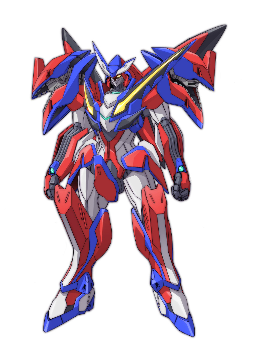 akitaka_mika character_name clenched_hands highres looking_ahead mecha merafdin no_humans official_art science_fiction solo standing super_robot_wars super_robot_wars_dd super_robot_wars_original_generation v-fin white_background yellow_eyes zoom_layer