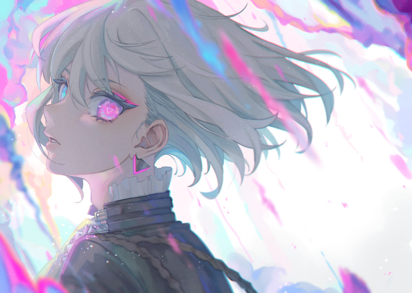 1boy absurdres adam's_apple aiguillette androgynous aqua_eyes aqua_hair bangs blue_eyes blurry eyelashes floating_hair frilled_shirt_collar frills grey_hair heterochromia highres light_particles lio_fotia looking_at_viewer looking_back multicolored_hair parted_lips pink_hair portrait promare short_hair solo streaked_hair symbol-shaped_pupils tamaki_(tamaki599) triangle violet_eyes white_background