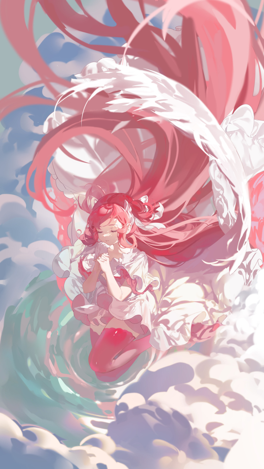 1girl absurdres bangs blue_sky bow chinese_commentary closed_eyes clouds day dress expressionless feathered_wings floating_hair frilled_dress frilled_sleeves frills from_side full_body goddess_madoka hair_bow hands_up highres interlocked_fingers kaname_madoka layered_dress legs_up long_hair mahou_shoujo_madoka_magica midair outdoors own_hands_clasped own_hands_together pink_hair pink_thighhighs praying short_sleeves sky solo song_yang_yang thigh-highs two_side_up very_long_hair white_dress white_wings wings