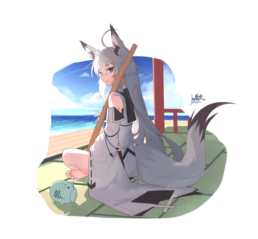 1girl absurdres ahoge animal_ears azur_lane bangs barefoot blue_eyes blue_sky clouds cloudy_sky commentary_request detached_sleeves fox_ears fox_girl fox_tail from_behind hair_between_eyes highres horizon indian_style katana kawakaze_(azur_lane) liwendala long_hair long_sleeves looking_at_viewer looking_back no_shoes ocean ribbon-trimmed_sleeves ribbon_trim school_uniform serafuku sidelocks signature sitting sky soles solo sword tail tatami weapon white_hair wide_sleeves wooden_floor