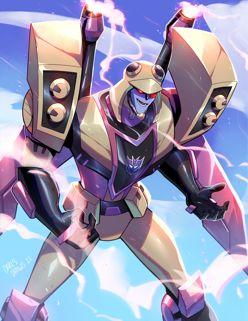 absurdres blitzwing clouds decepticon english_commentary highres lina_rojas mecha open_hands open_mouth red_eyes robot science_fiction shoulder_cannon sky smile solo transformers transformers_animated