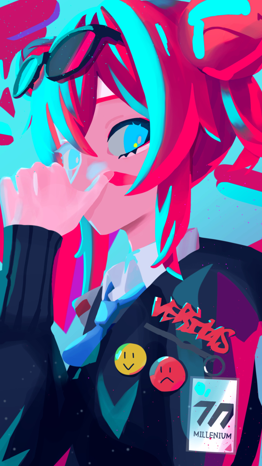 1girl absurdres ahoge badge blue_archive blue_eyes blue_light blue_necktie button_badge contrast double_bun eyewear_on_head hair_bun highres id_card limited_palette looking_at_viewer maki_(blue_archive) necktie no_lineart no_mouth paint_splatter paint_splatter_on_face redhead short_hair smiley_face solo sunglasses two-tone_background yidu_unom