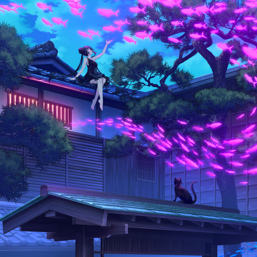 1girl architecture arm_up barefoot black_cat black_dress cat clouds commentary double_bun dress east_asian_architecture english_commentary fantasy fish flying_fish hair_bun highres kemme_dreame long_hair night night_sky original outdoors scenery sitting sitting_on_roof sky sleeveless sleeveless_dress solo tree twintails wide_shot