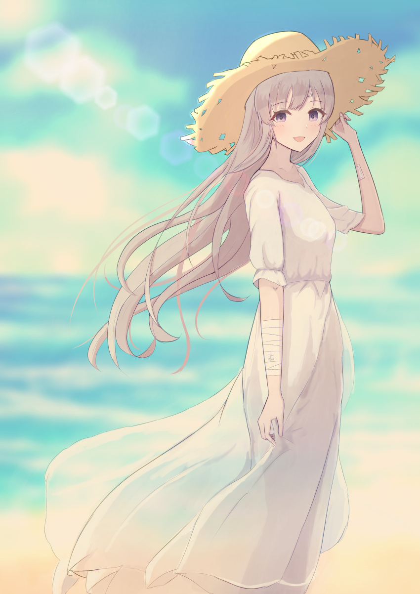 1girl absurdres bandaged_arm bandages bandaid bandaid_on_arm bandaid_on_face beach blush dress floating_hair greyscale hand_on_headwear hat highres idolmaster idolmaster_shiny_colors k1_(07010923) lens_flare long_hair looking_at_viewer monochrome outdoors see-through_silhouette smile solo straight_hair straw_hat very_long_hair violet_eyes white_dress yukoku_kiriko
