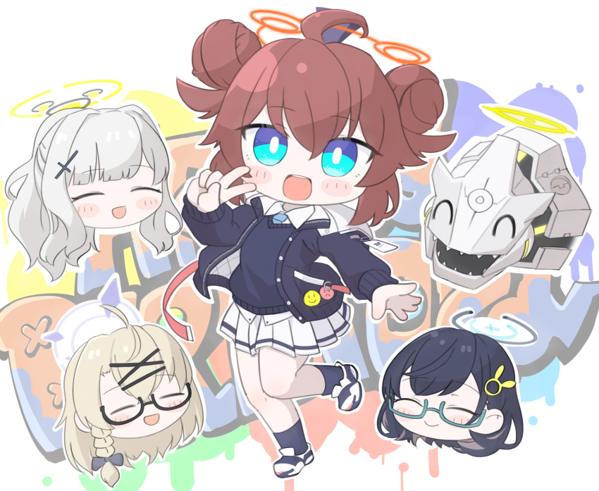 4girls :d :p ^_^ badge binah_(blue_archive) black_hair black_socks blue_archive blue_eyes blue_necktie button_badge chibi chibi_inset chihiro_(blue_archive) closed_eyes crosshair double_bun glasses graffiti hair_bun hair_ornament halo hare_(blue_archive) highres kotama_(blue_archive) light_blush maki_(blue_archive) multiple_girls necktie non-humanoid_robot open_hand redhead robot robot_animal sanshou_kakeru shoes smile smiley_face snake sneakers socks spread_fingers sweater_vest tongue tongue_out v