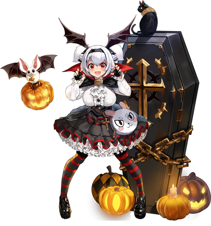 1girl :3 alvis_(last_origin) animal animal_collar bat_(animal) black_cat black_skirt blouse breasts candle cat chain claw_pose coffin collar cross fang fingerless_gloves frills full_body game_cg gloves gothic gothic_lolita halloween halloween_costume head_wings highres huge_breasts jack-o'-lantern last_origin lolita_fashion mr.yun official_art open_mouth oppai_loli pantyhose petticoat pose pumpkin red_eyes shirt skirt smile solo straight-on striped striped_pantyhose tachi-e transparent_background two_side_up underwear vampire white_hair white_shirt