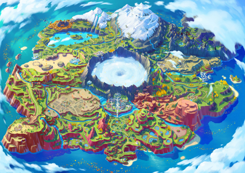 absurdres artist_request canyon cityscape cliff desert forest highres lake map mountain nature no_humans official_art plain pokemon pokemon_(game) pokemon_sv snow_mountain wetland whirlpool