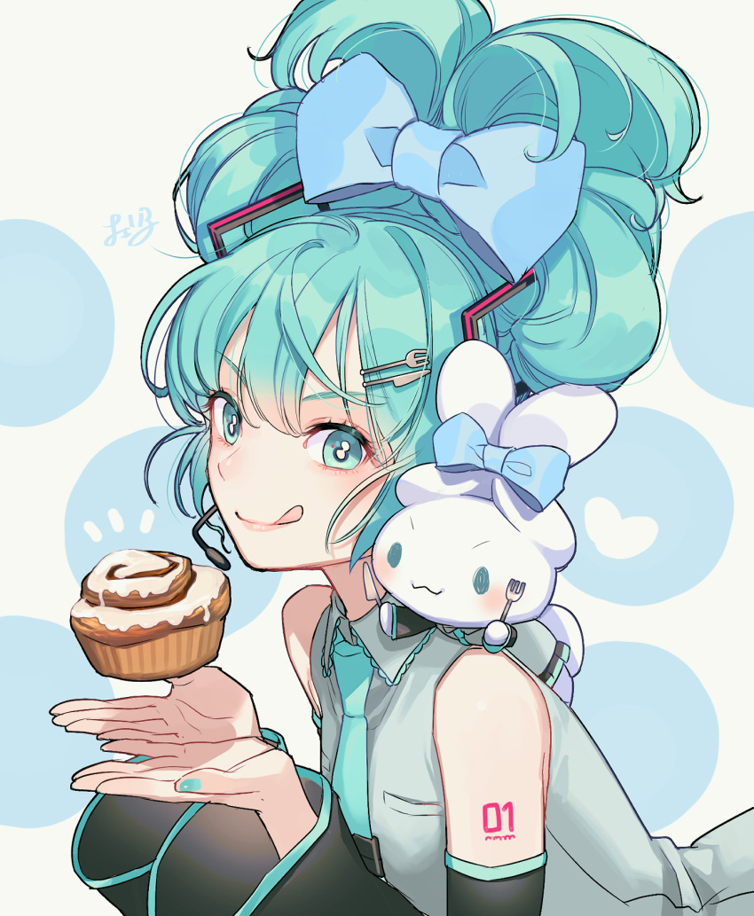 1girl :3 :q aqua_eyes aqua_hair aqua_nails aqua_necktie blue_bow bow cherico cinnamiku cinnamon_roll cinnamoroll closed_mouth cosplay detached_sleeves dotted_background food fork fork_hair_ornament hair_bow hatsune_miku hatsune_miku_(cosplay) highres holding holding_fork knife_hair_ornament looking_at_viewer necktie number_tattoo sanrio solo tattoo tied_ears tongue tongue_out updo upper_body vocaloid