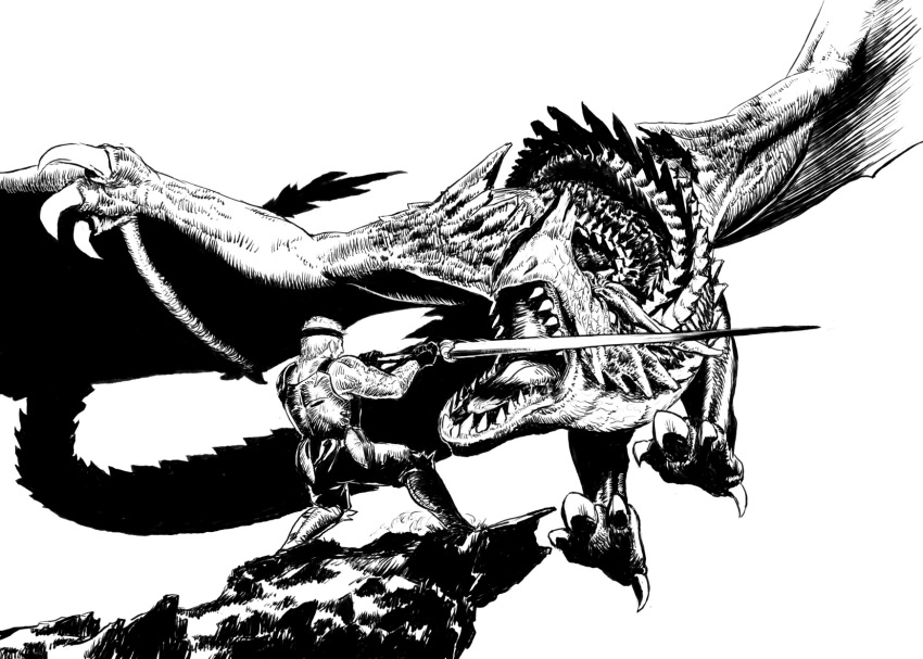 1boy animal armor black_gloves chiki_(botugo) claws dragon fantasy fighting flying from_behind gloves greyscale headband highres holding holding_sword holding_weapon knight legs_apart long_sword monochrome open_mouth original spines standing sword teeth weapon white_background