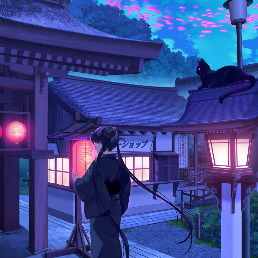 1girl absurdres architecture black_cat black_hair cat commentary double_bun east_asian_architecture english_commentary fantasy from_behind hair_bun highres kemme_dreame lamppost lantern long_hair original outdoors pink_eyes scenery solo standing twintails