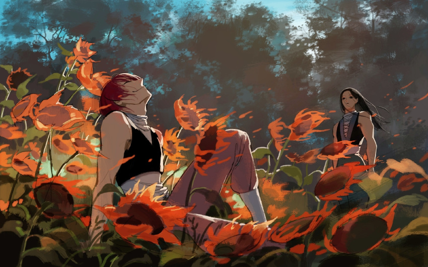 2boys ^_^ arm_support arms_at_sides black_hair black_tank_top closed_eyes crop_top day facing_up field floating_hair flower flower_field hair_down highres hisoka_morow hunter_x_hunter illumi_zoldyck knee_up kuhuo long_hair long_sleeves looking_at_viewer male_focus multiple_boys nature on_ground open_mouth outdoors pants petals redhead scarf short_hair sitting sleeveless smile straight_hair sunflower tank_top toned toned_male white_scarf wind withered
