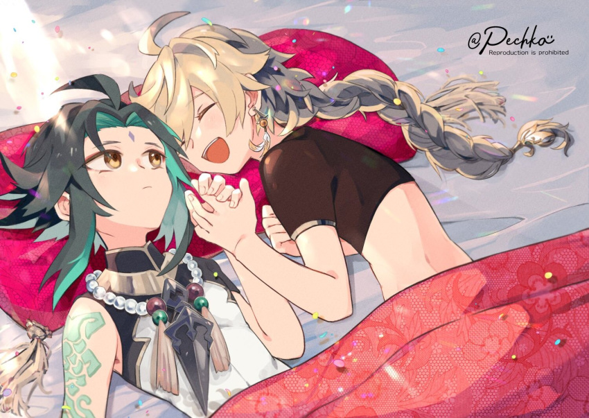 2boys ^_^ aether_(genshin_impact) ahoge bed bed_sheet blonde_hair blush braid braided_ponytail crop_top earrings forehead_mark from_above frown genshin_impact green_hair happy holding_hands long_hair long_sideburns lying midriff necklace open_mouth pechka pillow ponytail short_hair sidelocks tank_top two-tone_hair under_covers xiao_(genshin_impact) yaoi yellow_eyes