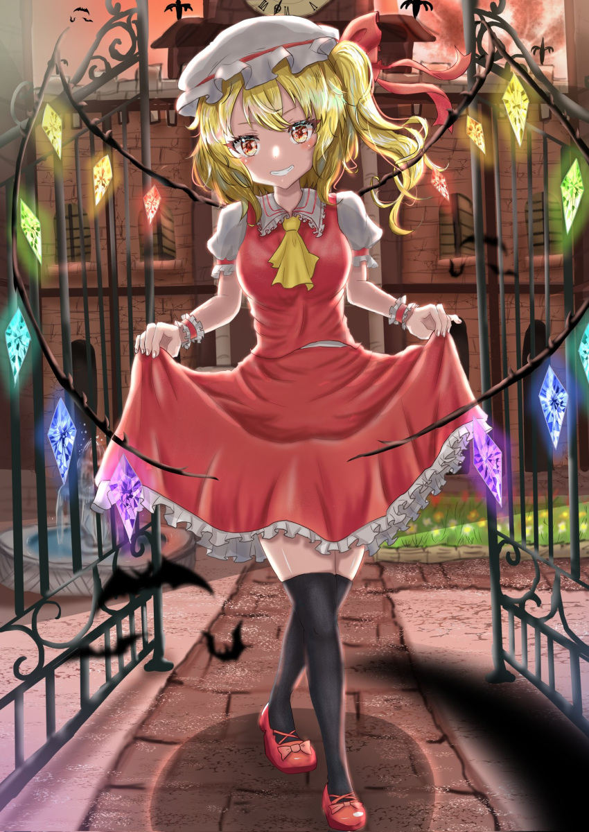 1girl ascot blonde_hair clothes_lift curtsey dress dress_lift flandre_scarlet grin hat highres lifted_by_self lobstrater64 looking_at_viewer mob_cap puffy_sleeves red_footwear scarlet_devil_mansion skirt skirt_basket skirt_hold skirt_lift smile solo thigh-highs touhou wings wrist_cuffs