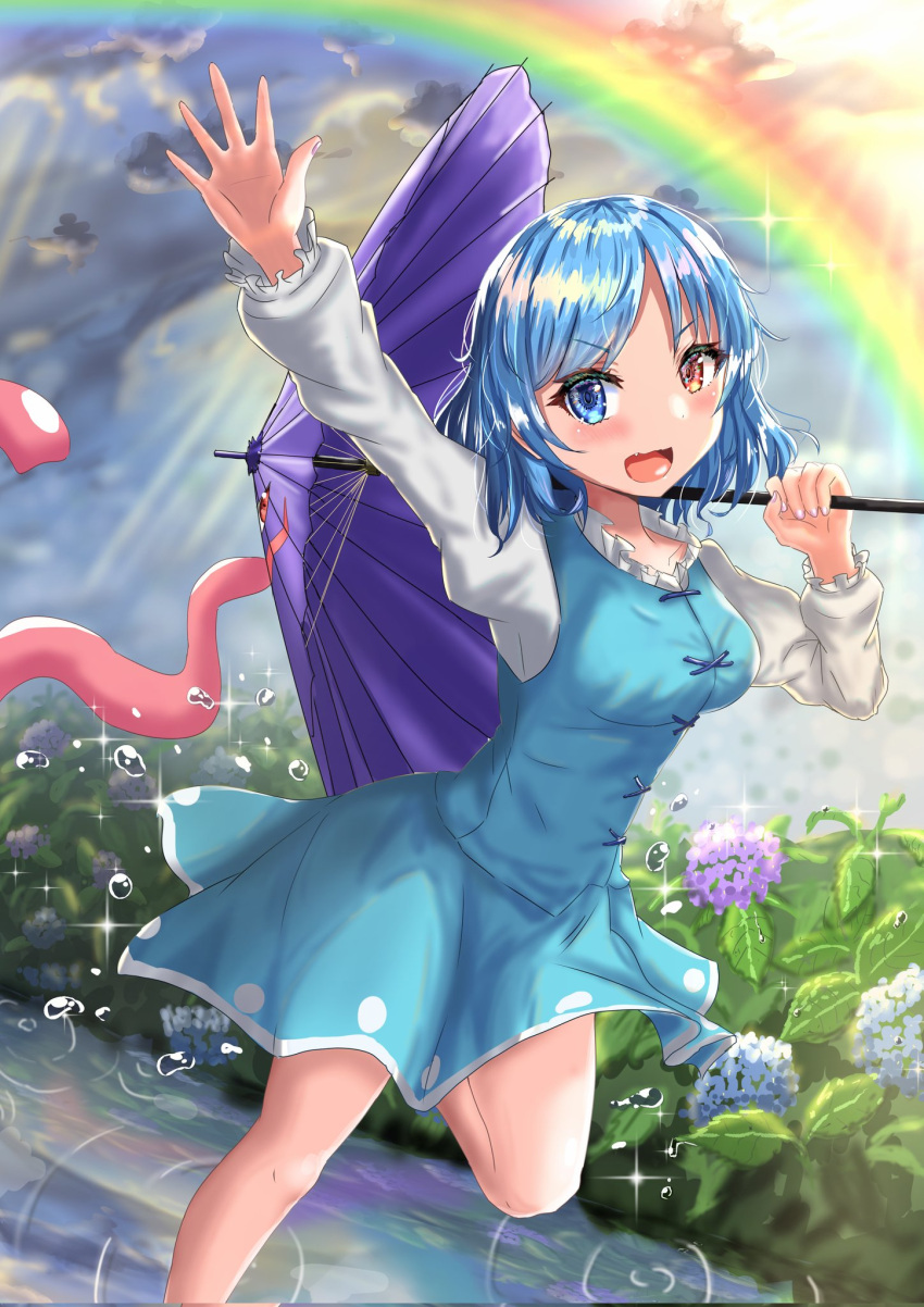 1girl :d bangs blue_eyes blue_flower blue_hair blue_skirt blue_vest blurry blurry_background breasts clouds flower heterochromia highres holding holding_umbrella karakasa_obake lobstrater64 long_sleeves looking_at_viewer medium_breasts open_mouth outdoors purple_flower purple_umbrella rain rainbow red_eyes shirt short_hair skirt smile solo standing standing_on_one_leg tatara_kogasa touhou umbrella v-shaped_eyebrows vest white_shirt