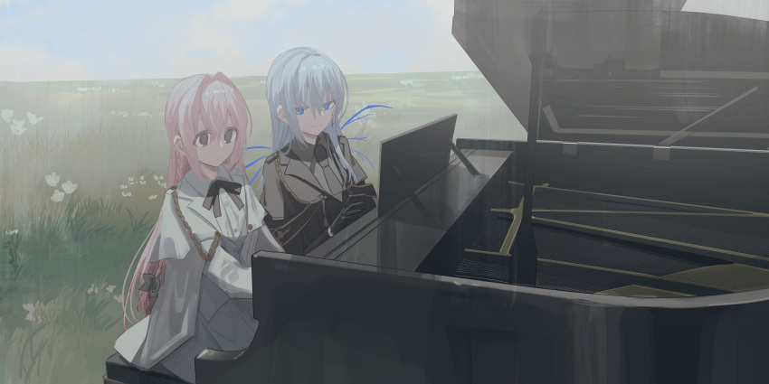2girls bangs black_bow black_jacket black_necktie blue_eyes blue_sky bow braid chihuri closed_mouth clouds cloudy_sky collared_shirt day dress_shirt field flower grand_piano grass grey_hair grey_shirt grey_skirt grey_vest hair_between_eyes hair_bow hair_intakes highres horizon instrument jacket long_hair multiple_girls necktie on_bench original outdoors piano piano_bench pink_hair shirt sitting skirt sky smile very_long_hair vest violet_eyes white_flower white_jacket white_shirt