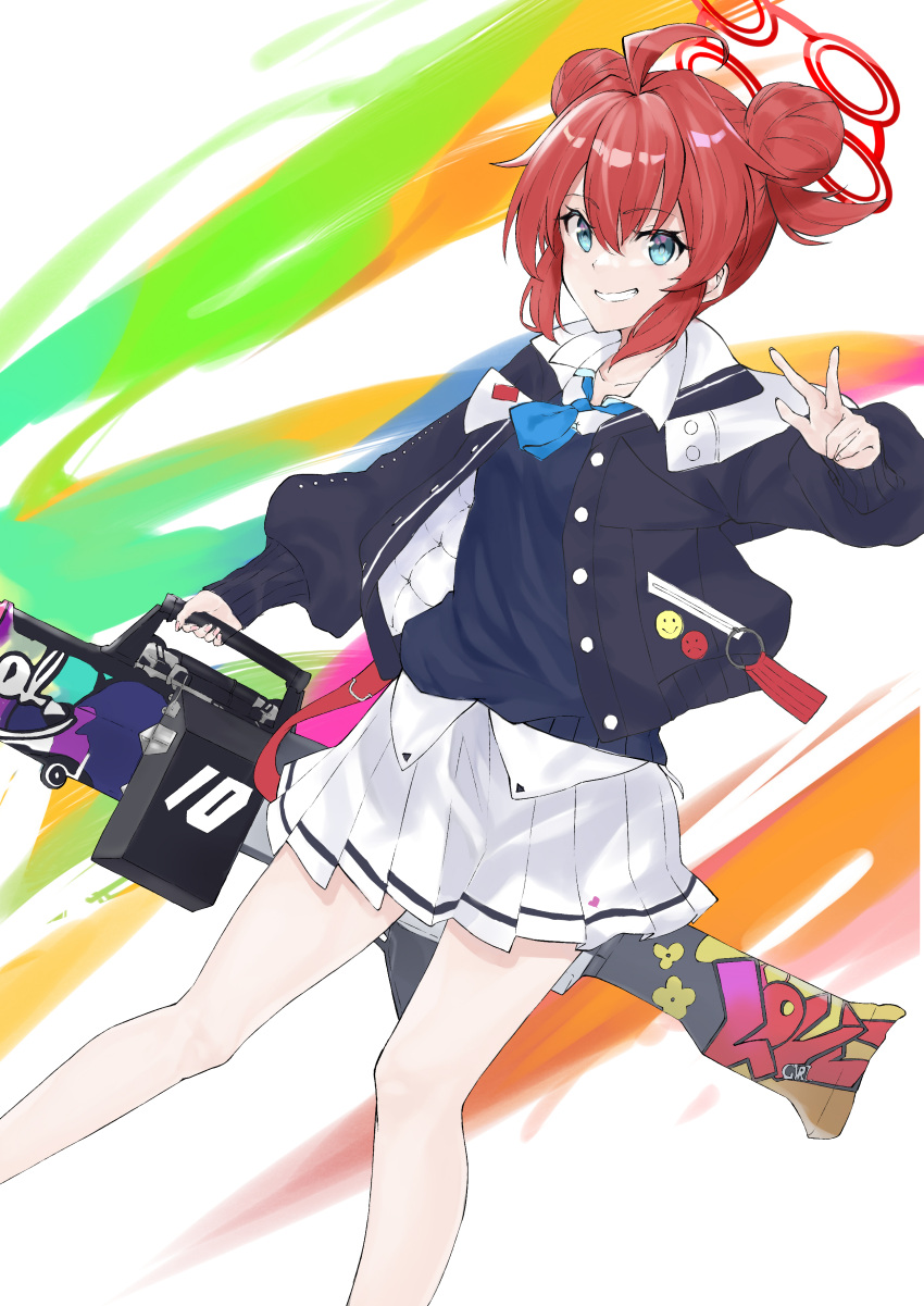 1girl ;d absurdres ahoge amane_(amanevo) arm_up badge bangs blue_archive blue_eyes blue_necktie button_badge collarbone collared_shirt double_bun grin gun hair_bun halo highres holding holding_weapon jacket long_sleeves looking_at_viewer machine_gun maki_(blue_archive) multicolored_background necktie one_eye_closed pleated_skirt puffy_sleeves redhead shirt short_hair sidelocks skirt sleeves_past_wrists smile smiley_face solo sweater_vest w weapon white_shirt white_skirt