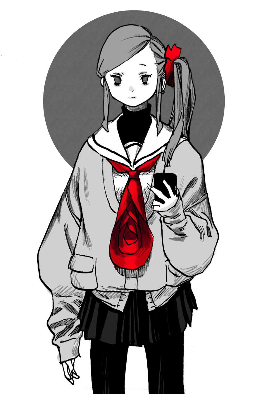 1girl absurdres cellphone closed_mouth earrings greyscale hatching_(texture) highres holding holding_phone jewelry long_hair monochrome neckerchief original pantyhose phone red_neckerchief red_scrunchie school_uniform scrunchie serafuku side_ponytail skirt sleeves_past_wrists smile solo spot_color turtleneck uniform ztoriataming