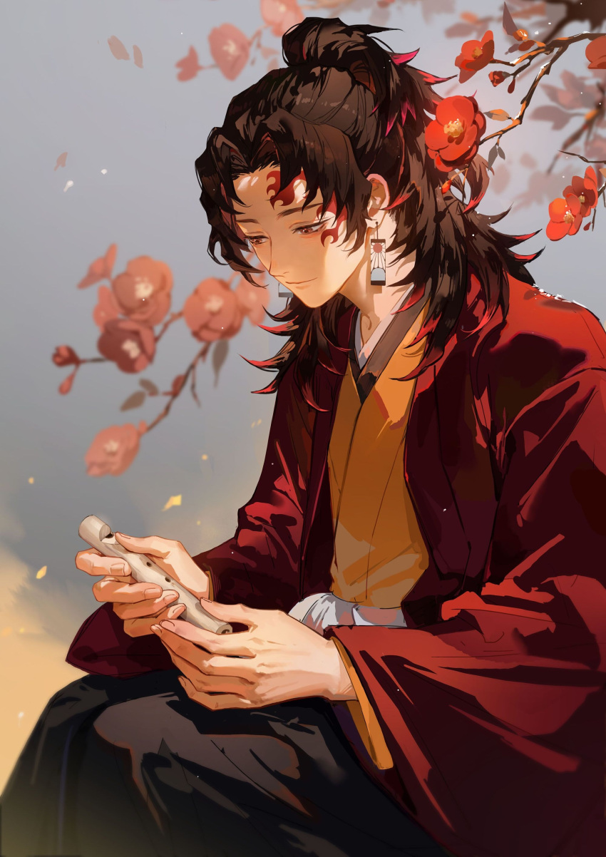 1boy absurdres black_hair black_hakama branch brown_hair coat colored_tips earrings facial_mark feet_out_of_frame flower flute grey_background hakama haori happy high_ponytail highres holding holding_instrument instrument japanese_clothes jewelry kimetsu_no_yaiba light_particles long_hair long_sleeves looking_away looking_down male_focus multicolored_hair nature ponytail red_coat red_eyes red_flower redhead sitting smile snow solo streaked_hair tsugikuni_yoriichi ttyttytty wind