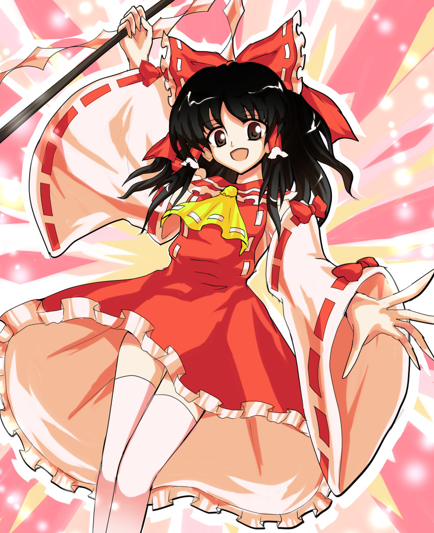 1girl absurdres alphes_(style) ascot black_hair bow brown_eyes collared_dress commentary_request dress frilled_bow frilled_dress frilled_hair_tubes frills gohei hair_bow hair_tubes hakurei_reimu highres holding kazakome long_sleeves medium_hair nontraditional_miko open_mouth parody red_bow red_dress red_ribbon ribbon ribbon-trimmed_sleeves ribbon_trim solo style_parody touhou wide_sleeves yellow_ascot