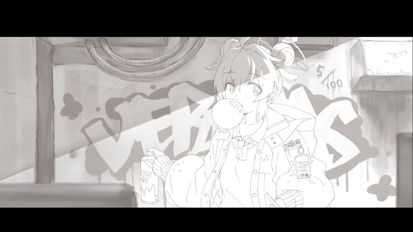 1girl ahoge aomi_l bangs blue_archive bubble_blowing chewing_gum collarbone collared_shirt double_bun graffiti greyscale hair_bun halo highres holding hood hood_down hooded_jacket id_card jacket lineart long_sleeves looking_to_the_side maki_(blue_archive) monochrome monochrome_background necktie outstretched_arm puffy_sleeves shirt short_hair sidelocks sideways_glance sleeves_past_wrists solo spray_can spray_paint sweater_vest wall