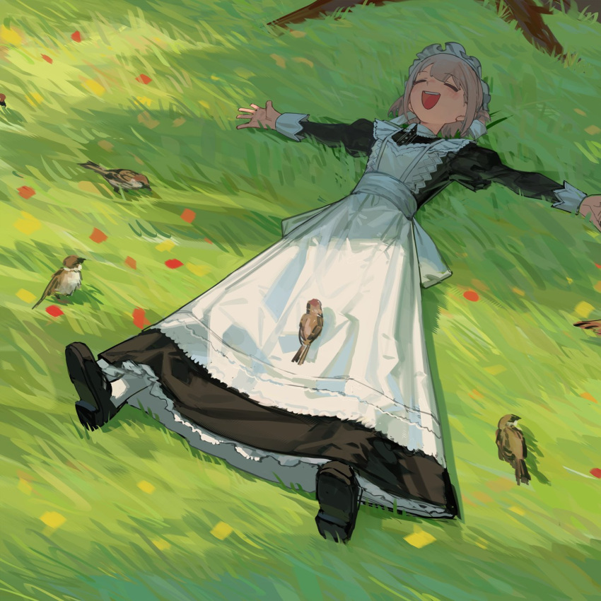 1girl :d apron bangs bird black_footwear blonde_hair closed_eyes commission grass highres lying maid on_back on_grass open_mouth original outdoors outstretched_arms short_hair smile solo sparrow spread_arms tree tree_shade under_tree white_apron zhili_xingzou