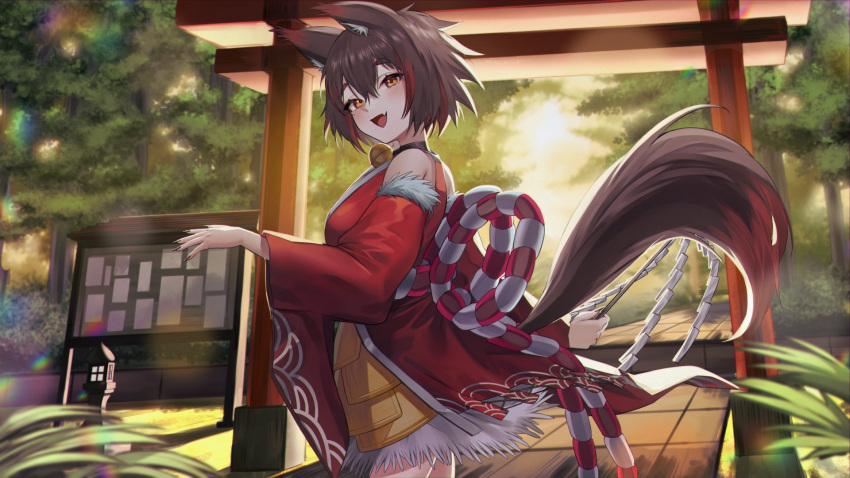 1girl animal_ear_fluff animal_ears bangs black_nails blush brown_hair commission eredhen fang gohei hair_between_eyes highres japanese_clothes kimono looking_at_viewer miko multicolored_hair obi open_mouth original redhead sash short_hair skin_fang smile solo tail tree wide_sleeves wolf_ears wolf_girl wolf_tail yellow_eyes