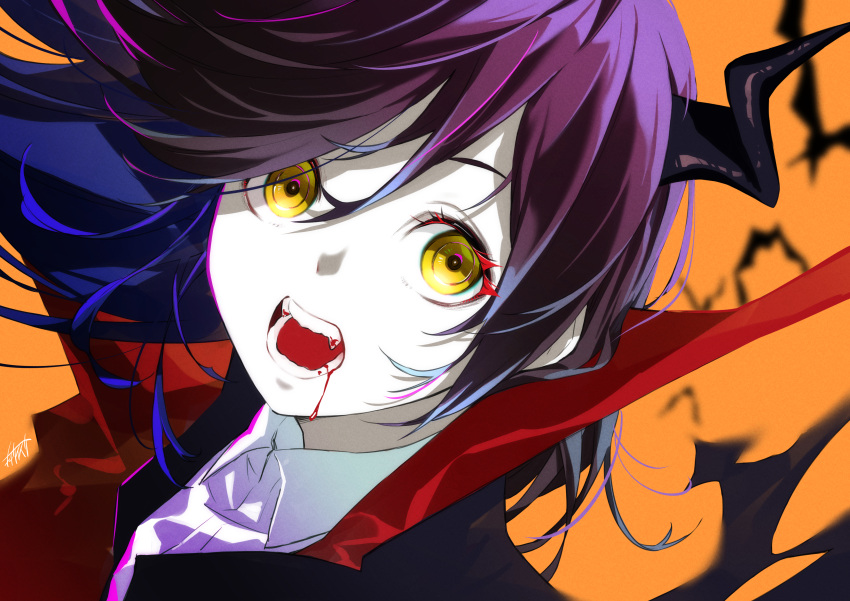1girl absurdres animal bat_(animal) black_horns blood blood_from_mouth blood_on_face blood_on_teeth blue_hair blurry blurry_background eyelashes fangs hair_between_eyes halloween highres horns long_eyelashes long_hair multicolored_hair omagacchu open_mouth orange_background original purple_hair signature simple_background single_horn teeth tongue upper_body vampire yellow_eyes