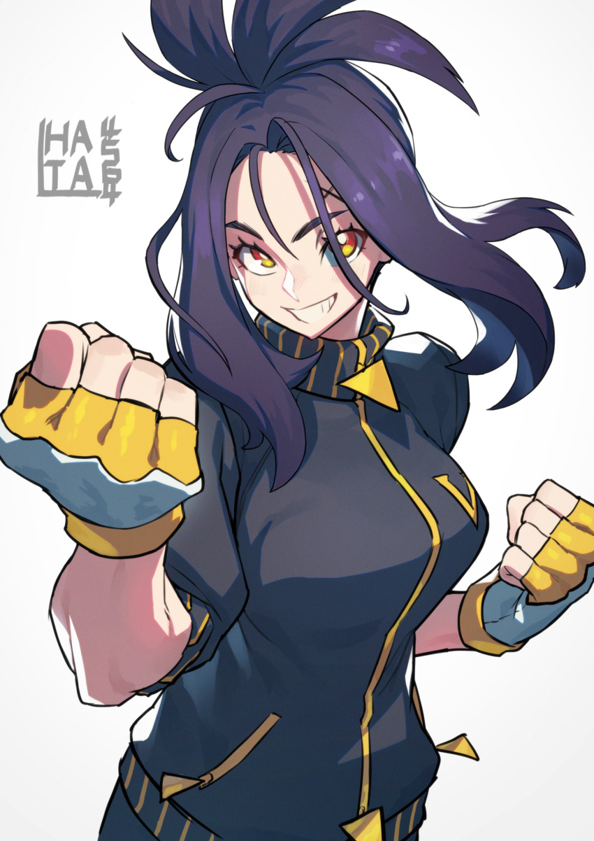 1girl bangs black_hair clenched_hand clenched_hands gloves hand_up hata4564 highres jacket long_hair looking_at_viewer orange_eyes outstretched_arm pokemon pokemon_(game) pokemon_sv scar smile solo standing teeth track_jacket track_suit turtleneck