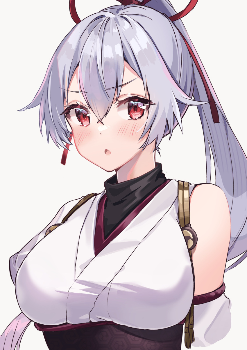 1girl absurdres asymmetrical_sleeves bangs black_undershirt blush breasts chestnut_mouth eyelashes fate/grand_order fate_(series) felnemo grey_background grey_hair hair_between_eyes highres japanese_clothes kimono large_breasts long_bangs long_hair looking_at_viewer magatama off_shoulder open_mouth ponytail red_eyes simple_background solo tomoe_gozen_(fate) upper_body