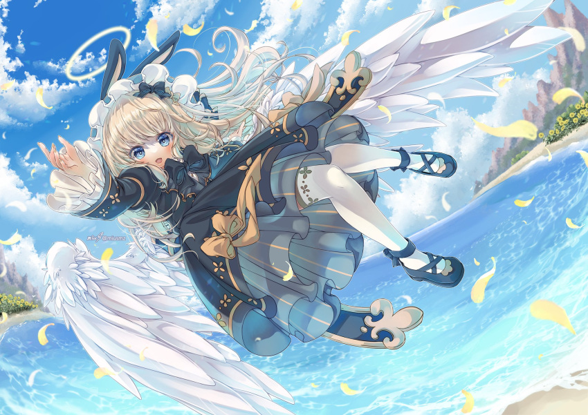 1girl :d angel_wings animal_ears ankle_strap black_bow black_bowtie black_dress blonde_hair blue_eyes blue_footwear blue_headwear bow bowtie clouds commission day dress dress_bow falling_petals floral_print flower flying full_body hair_bow halo hat highres juliet_sleeves layered_dress long_hair long_sleeves looking_at_viewer miusmz mob_cap ocean orange_bow original outstretched_arm petals pinstripe_dress pinstripe_pattern puffy_sleeves rabbit_ears shoes skeb_commission smile solo striped sunflower thigh-highs white_thighhighs wide_sleeves wings yellow_nails