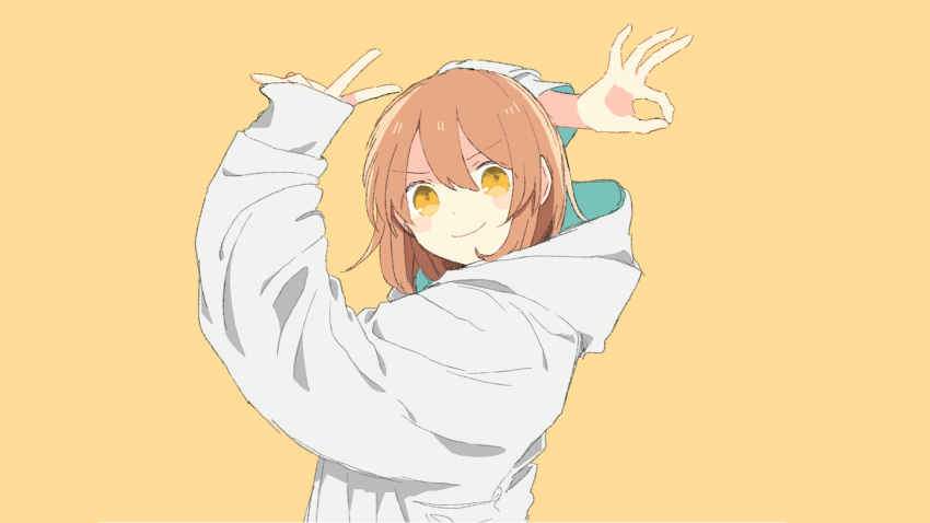1girl arms_up aruseee closed_mouth from_side goodbye_sengen_(vocaloid) happy highres hood hood_down hooded_jacket hoodie jacket looking_at_viewer ok_sign short_hair sleeves_past_wrists smile solo v white_hoodie yellow_background