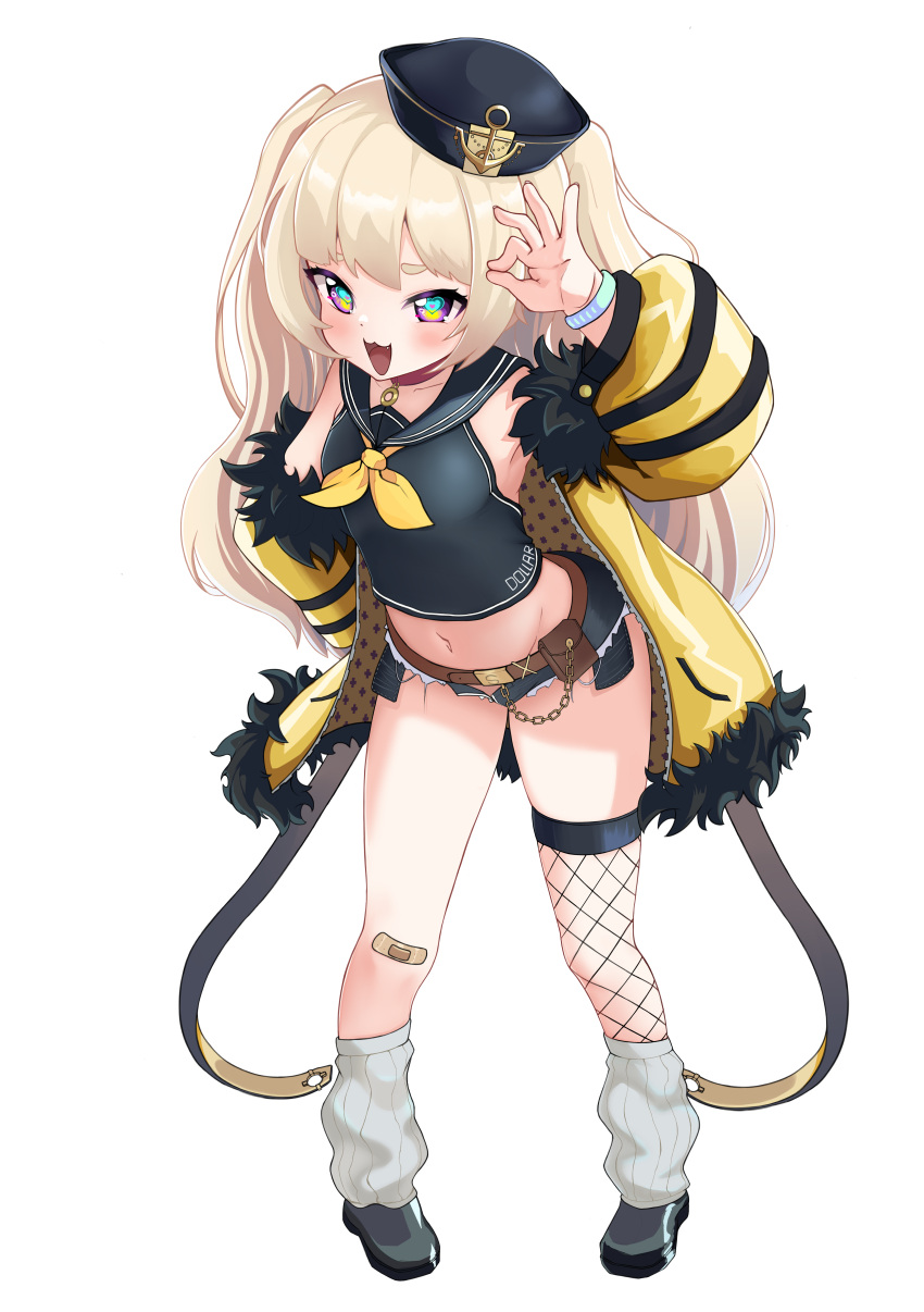 11quadrat 1girl :3 :d absurdres anchor_hat_ornament anchor_symbol arm_up armpits azur_lane bache_(azur_lane) bandaid bandaid_on_knee bandaid_on_leg bangs bare_shoulders belt belt_pouch black_footwear black_headwear black_sailor_collar black_shirt blonde_hair blush breasts brown_belt chain collar collarbone commentary_request cutoffs dollar_bill exposed_pocket eyebrows_hidden_by_hair fang fishnet_thighhighs fishnets full_body fur-trimmed_jacket fur_trim groin hand_on_hip hat hat_ornament heart heart-shaped_pupils highres jacket leaning_forward long_hair looking_at_viewer loose_socks micro_shorts midriff navel neckerchief off_shoulder ok_sign open_clothes open_mouth open_shorts partial_commentary pink_collar pouch sailor_collar sailor_hat shirt shoes shorts sidelocks simple_background single_thighhigh skindentation sleeveless sleeveless_shirt small_breasts smile solo sparkle standing symbol-shaped_pupils thigh-highs thighs two_side_up violet_eyes white_background white_thighhighs wristband yellow_jacket yellow_neckerchief