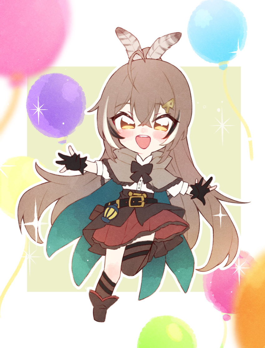 1girl :d ahoge ankle_boots asymmetrical_legwear balloon bangs belt birthday boots brown_capelet brown_cloak brown_corset brown_eyes brown_hair cape capelet cloak corset feather_hair_ornament feathers gloves hair_ornament hairclip happy_birthday highres hololive hololive_english jumping knee_strap kneehighs lantern long_hair multicolored_hair nanashi_mumei neru_(flareuptf1) partially_fingerless_gloves pleated_skirt ponytail pouch red_skirt ribbon shirt simple_background single_kneehigh single_sock single_thighhigh skirt smile socks streaked_hair teeth thigh-highs thigh_strap upper_teeth very_long_hair virtual_youtuber white_shirt