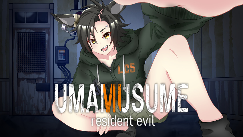 1girl absurdres air_shakur_(umamusume) alternate_costume black_hair cable commentary_request cosplay drawstring ear_chain ear_ornament eyebrow_piercing grey_hoodie grey_shorts highres hood hoodie horse_girl keypad long_sleeves looking_at_viewer lucas_baker lucas_baker_(cosplay) minawara piercing resident_evil resident_evil_7 short_shorts shorts solo trait_connection umamusume yellow_eyes