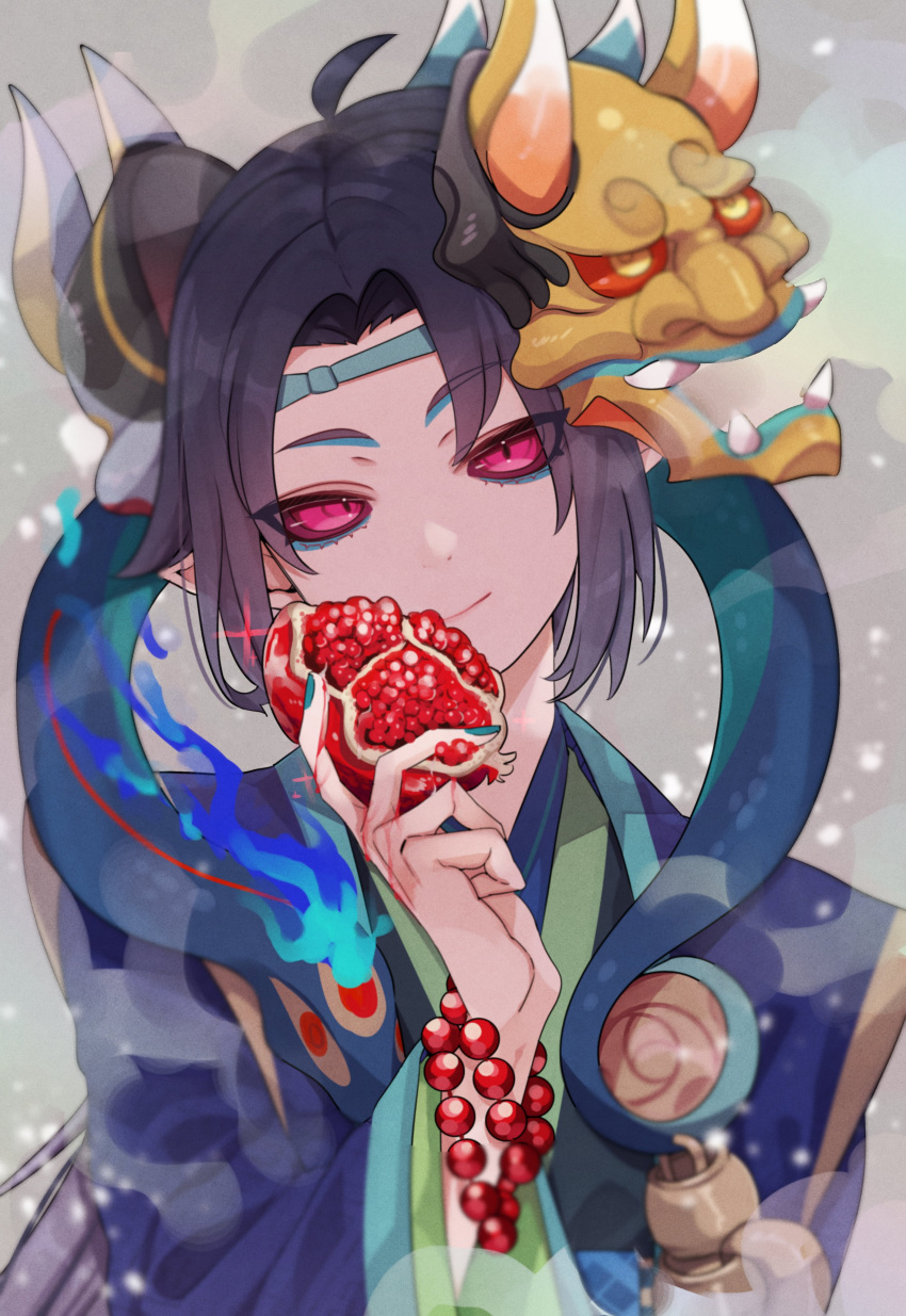 absurdres aqua_nails bracelet chain colored_sclera evil_smile fire food fruit green_nails hannya_(onmyoji) head_tilt highres holding holding_food holding_fruit japanese_clothes jewelry light_smile long_hair looking_at_viewer mask mask_on_head moto_mitsuashi oni_mask onmyoji pomegranate red_eyes red_sclera smile snake solo upper_body