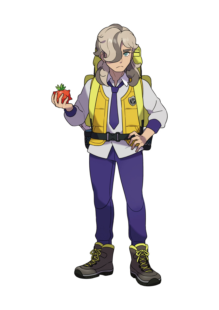 1boy absurdres artist_request arven_(pokemon) backpack bag belt boots brown_footwear brown_hair collared_shirt food fruit green_eyes highres holding holding_food holding_fruit medium_hair necktie official_art pants pokemon purple_necktie purple_pants shirt simple_background solo sweater tamato_berry transparent_background vest white_shirt white_sweater yellow_vest