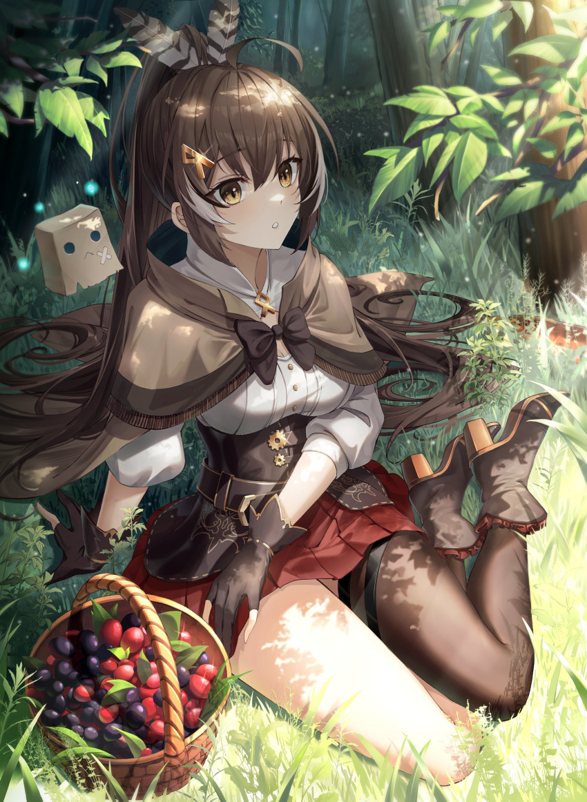 1girl absurdres ahoge ankle_boots asymmetrical_legwear bangs basket belt berry boots branch brown_capelet brown_cloak brown_corset brown_eyes brown_hair cape capelet cleavage_cutout cloak clothing_cutout corset dagger dappled_sunlight feather_hair_ornament feathers friend_(nanashi_mumei) gloves grass hair_ornament hairclip highres hololive hololive_english knee_strap kneehighs knife leaf long_hair looking_at_viewer multicolored_hair nanashi_mumei on_grass on_ground parted_lips partially_fingerless_gloves pleated_skirt ponytail red_skirt ribbon runes shirt single_kneehigh single_sock single_thighhigh sitting skirt socks star-ring streaked_hair sunlight thigh-highs thigh_strap tree tree_shade very_long_hair virtual_youtuber weapon white_shirt