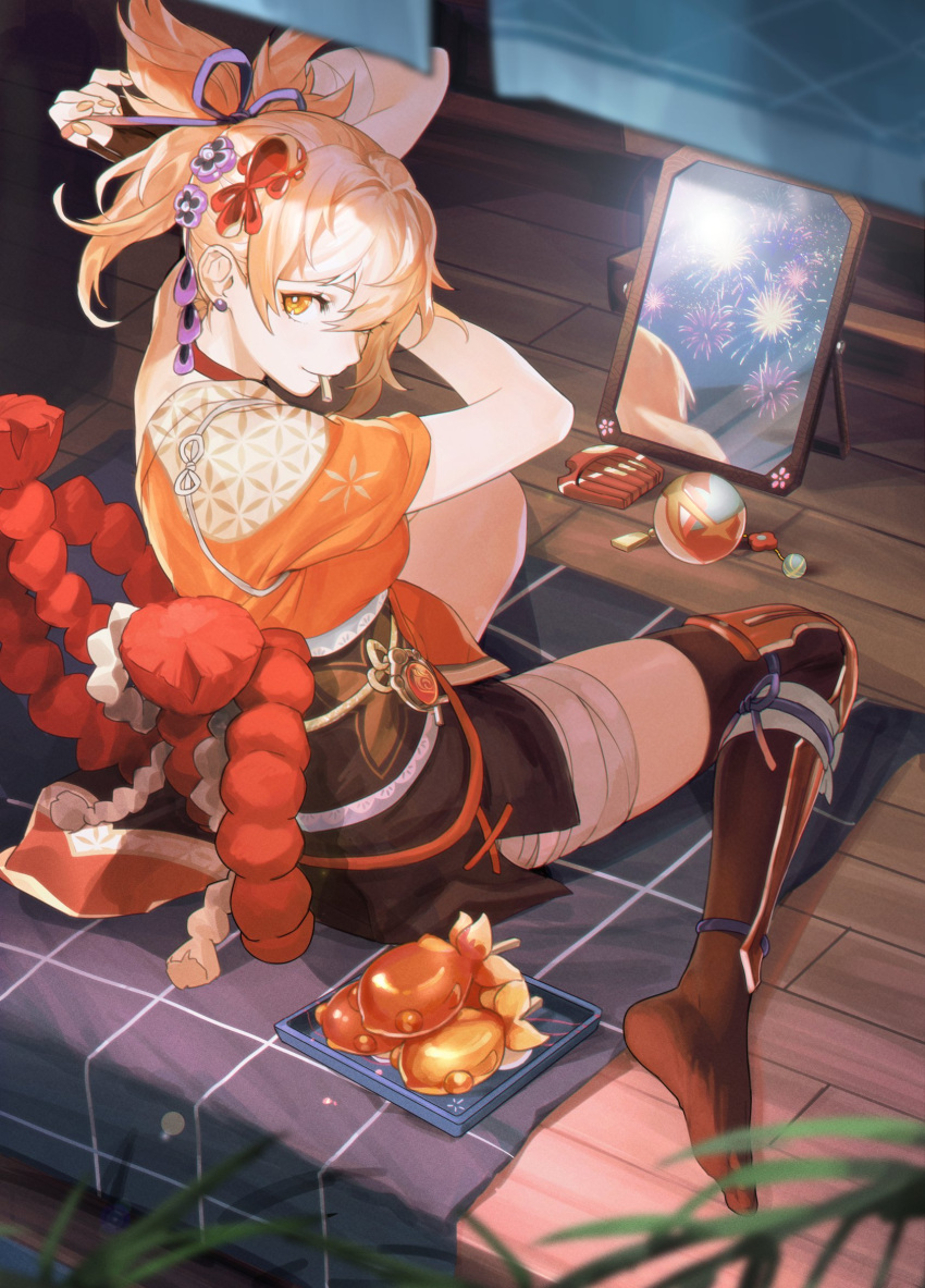 1girl bandaged_arm bandaged_hand bandages bangs blonde_hair choker fireworks fish_hair_ornament from_above genshin_impact hadanugi_dousa hair_between_eyes hair_ornament highres japanese_clothes kimono kneehighs leg_armor looking_to_the_side mirror neekosiah obi orange_kimono ponytail red_choker rope sarashi sash single_kneehigh single_sock sitting socks tray wariza wooden_floor yellow_eyes yoimiya_(genshin_impact)