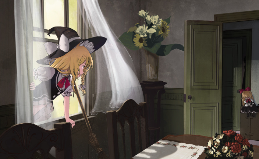 1girl :d black_dress black_headwear blonde_hair bow braid buttons chair commentary curtains daisy door dress flower frilled_sleeves frills hair_bow hat hat_bow highres hourai_doll indoors kirisame_marisa long_hair neckerchief open_mouth open_window puffy_short_sleeves puffy_sleeves red_flower red_neckerchief red_rose rose shirt short_sleeves silhouette single_braid smile solo sunflower table teeth touhou tsukechi upper_teeth vase white_bow white_flower white_shirt window witch_hat yellow_flower