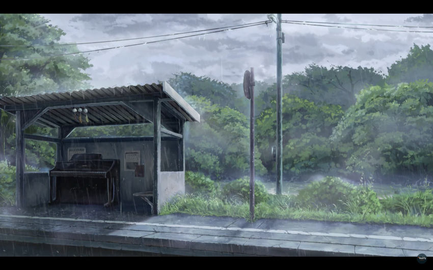 absurdres bench bus_stop grass highres instrument kenth.ton letterboxed no_humans original outdoors piano power_lines rain scenery shadow sidewalk tree utility_pole watermark