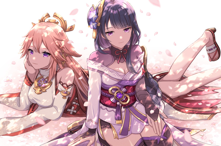 2girls animal_ears bangs bare_shoulders black_thighhighs blunt_bangs blush braid braided_ponytail breasts bridal_gauntlets closed_mouth commentary_request dappled_sunlight detached_sleeves earrings error falling_petals floppy_ears flower fox_ears genshin_impact hair_between_eyes hair_flaps hair_flower hair_ornament hand_up head_rest headpiece highres japanese_clothes jewelry kimono long_hair long_sleeves looking_at_viewer lying medium_breasts mitsudomoe_(shape) mole mole_under_eye multiple_girls nail_polish nontraditional_miko obi obijime off_shoulder on_stomach parted_bangs petals pink_hair pink_nails purple_flower purple_hair purple_kimono raiden_shogun red_sash ribbon ribbon-trimmed_sleeves ribbon_trim sandals sash sidelocks single_braid sitting smile su34ma sunlight tassel thigh-highs toenail_polish toenails tomoe_(symbol) very_long_hair violet_eyes white_sleeves wide_sleeves yae_miko
