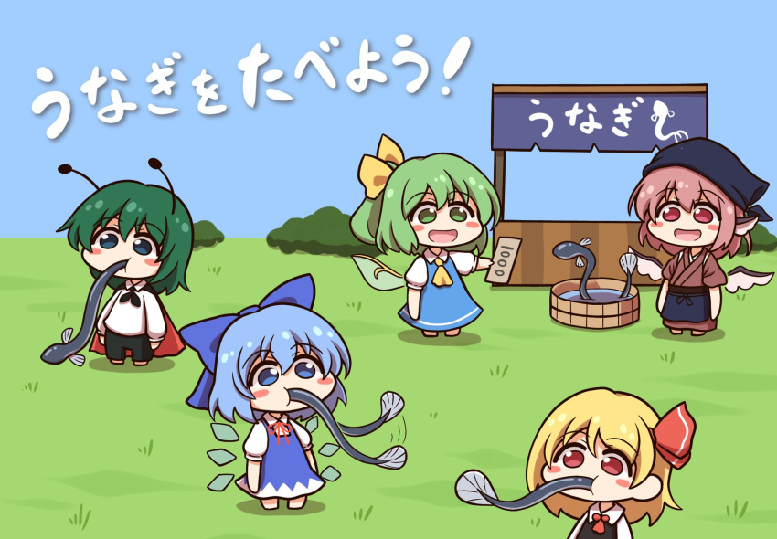 5girls alternate_costume apron arm_up ascot bangs barefoot black_bow black_cloak black_dress black_shorts blonde_hair blue_apron blue_bow blue_dress blue_eyes blue_hair blue_headwear blue_scarf blue_sky blush blush_stickers bow bowtie brown_dress bucket bush chibi cirno cloak closed_mouth collared_shirt daiyousei dress eating fairy_wings fish food full_body grass green_eyes green_hair hair_between_eyes hair_ribbon hand_up head_scarf highres ice ice_wings long_sleeves looking_at_another looking_to_the_side multiple_girls mystia_lorelei open_mouth pink_eyes pink_hair ponytail puffy_long_sleeves puffy_short_sleeves puffy_sleeves red_ascot red_bow red_bowtie red_cloak red_eyes red_ribbon ribbon rumia scarf shirt shitacemayo short_hair short_sleeves shorts side_ponytail sky smile standing touhou translation_request water white_shirt wings wriggle_nightbug yellow_ascot yellow_ribbon