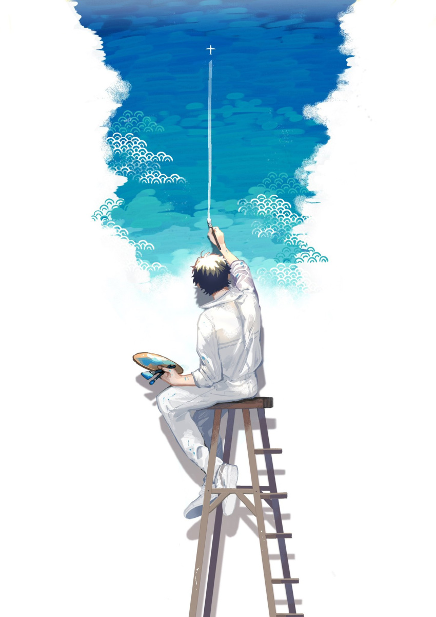 1boy ahoge aircraft airplane arm_up blue_sky brown_hair clouds cloudy_sky contrail highres holding holding_paintbrush holding_palette konbumeshi ladder male_focus original paint_on_body paint_on_clothes paintbrush painting_(action) painting_(object) palette_(object) shoes sitting sky sleeves_rolled_up sneakers solo white_footwear